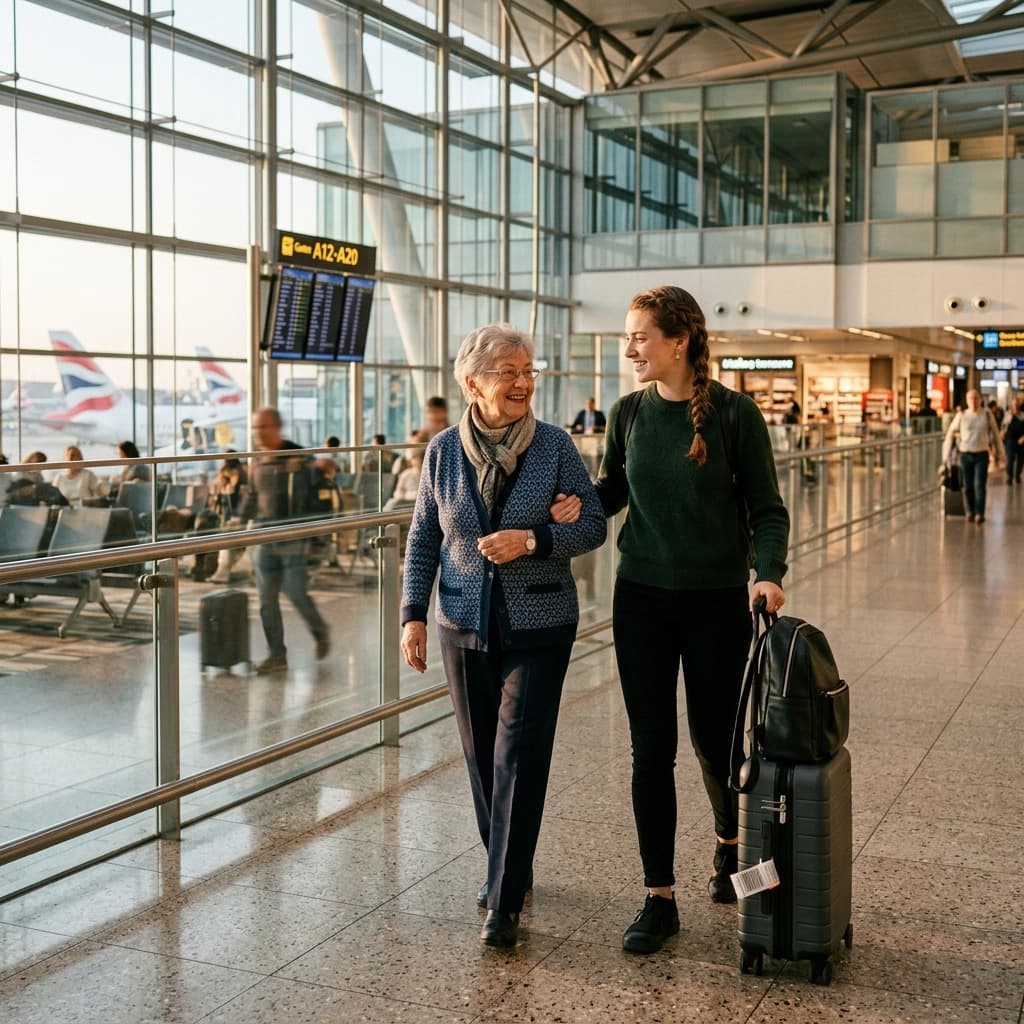 A travel companion assisting an elderly traveler in an airport